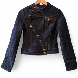 Unique Boho Dark Denim Cropped Military Style Asymmetrical Button Jacket Size 6